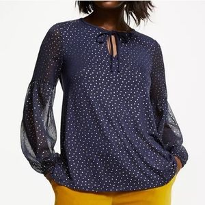 Boden Hazel Mettalic Polka Dot Split Neck Top in Navy